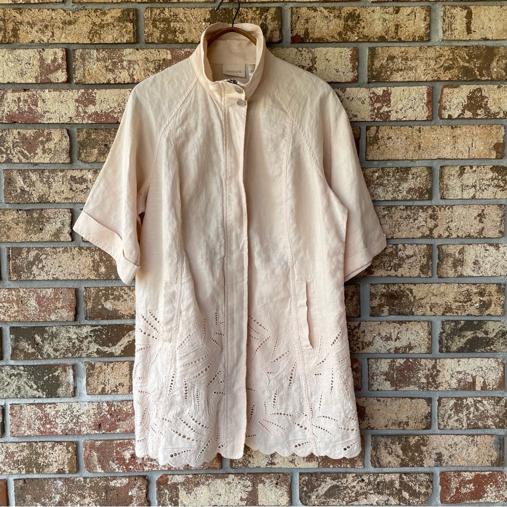 Chico’s Lightweight Jacket 100% Linen Zippered Front Size 2 Large Eyelet Beauty!